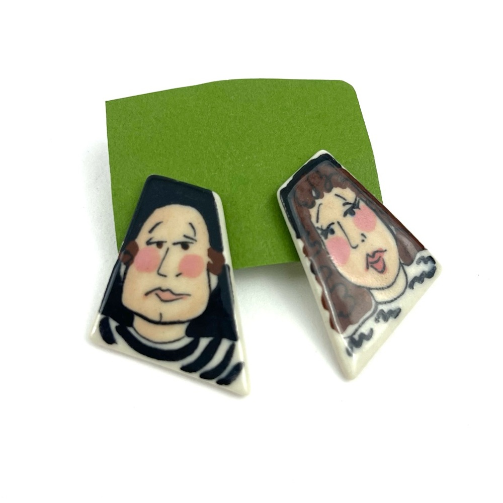 Unique Handmade Ceramic Pottery Face Painting Mismatched Earrings